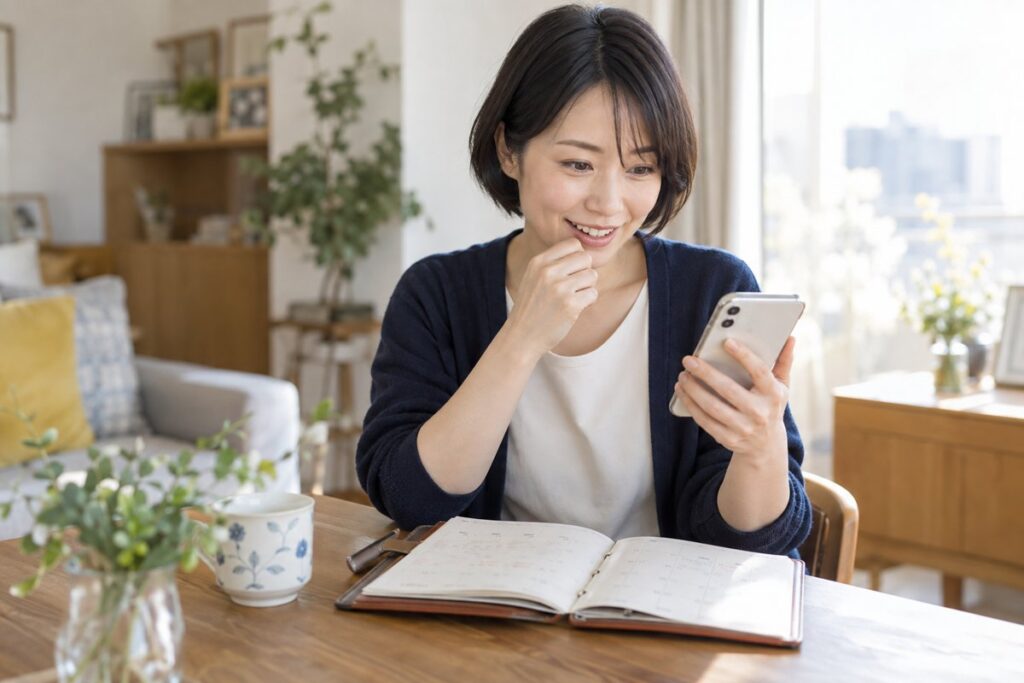 当日の誘いについて考える女性