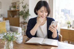 当日の誘いについて考える女性