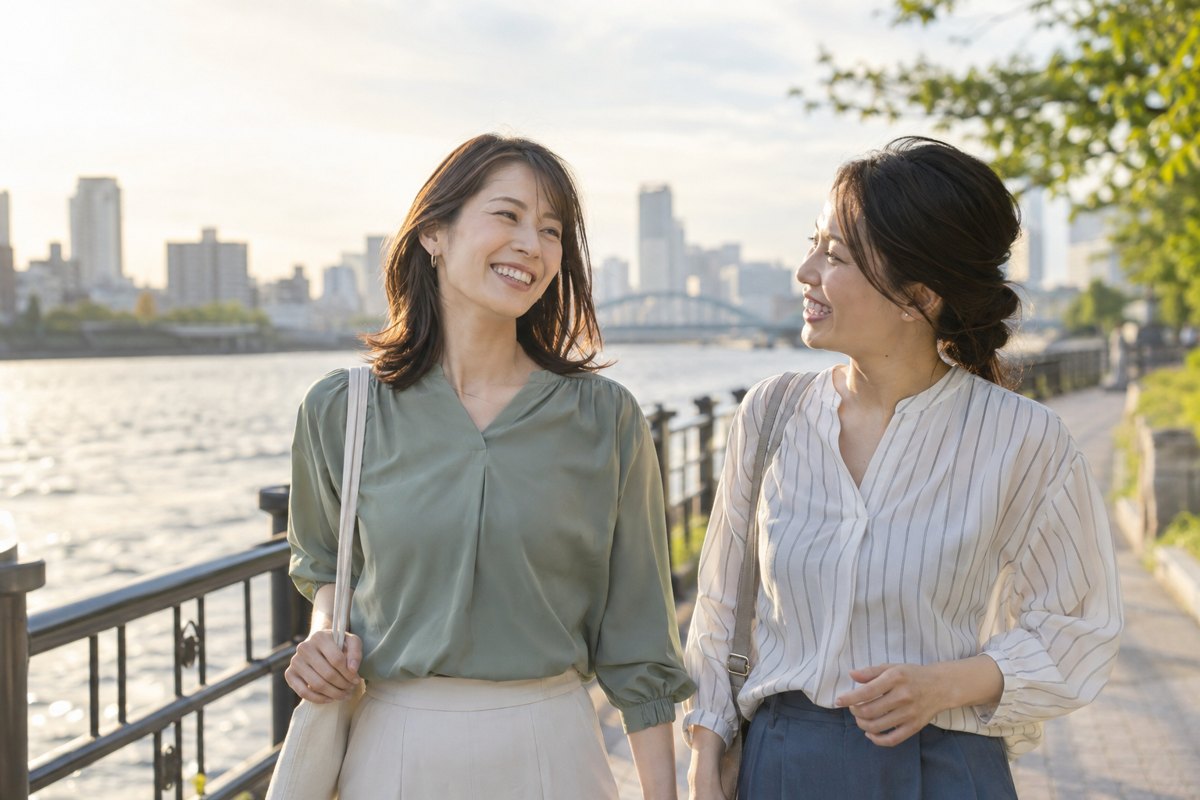 友人と川沿いで過ごす女性