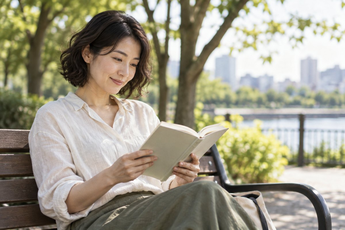 公園で本を読む女性