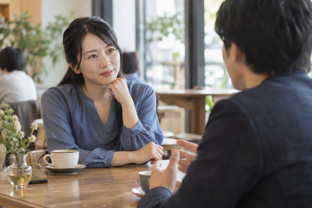 男性の恋愛についての言葉を聞く女性