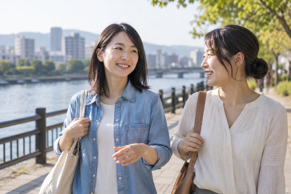 友人と散歩する女性