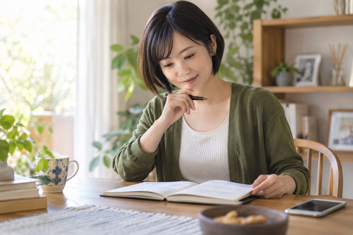 LINEと対面の対応をノートで整理する女性