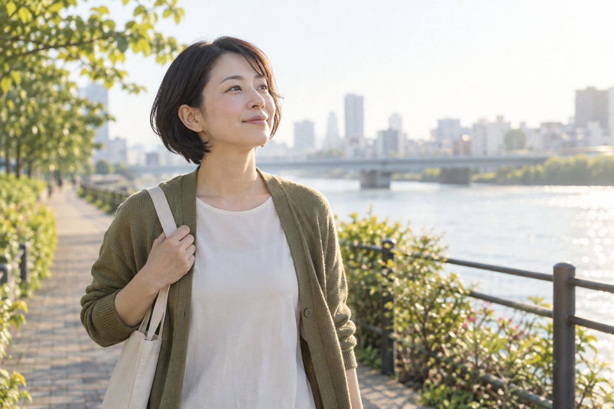 朝の散歩を楽しむ女性