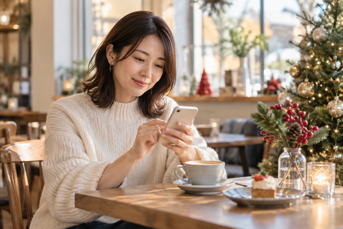 カフェで短い連絡を考える女性
