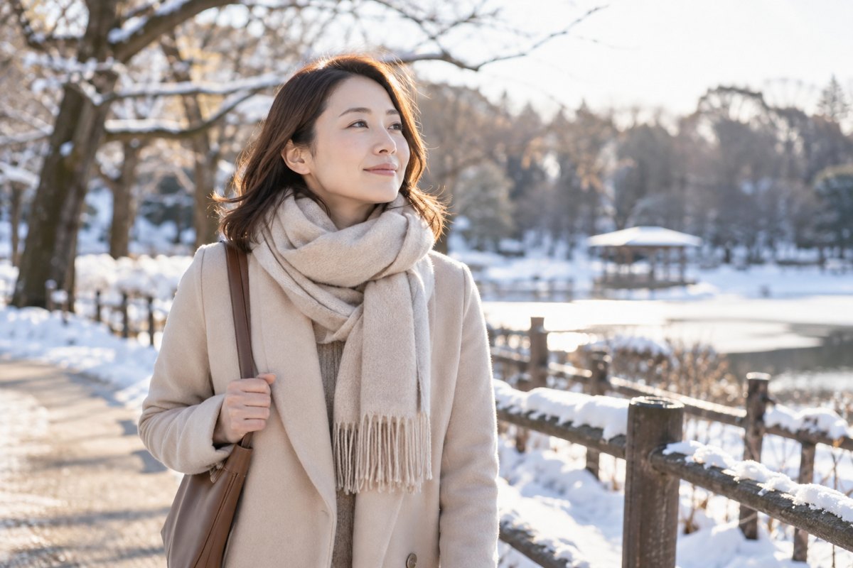 冬の公園を歩く女性
