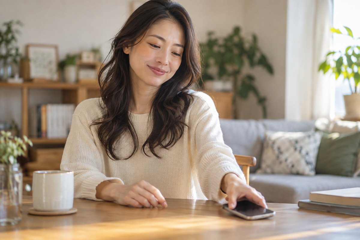 会話を終えてスマホを置く女性
