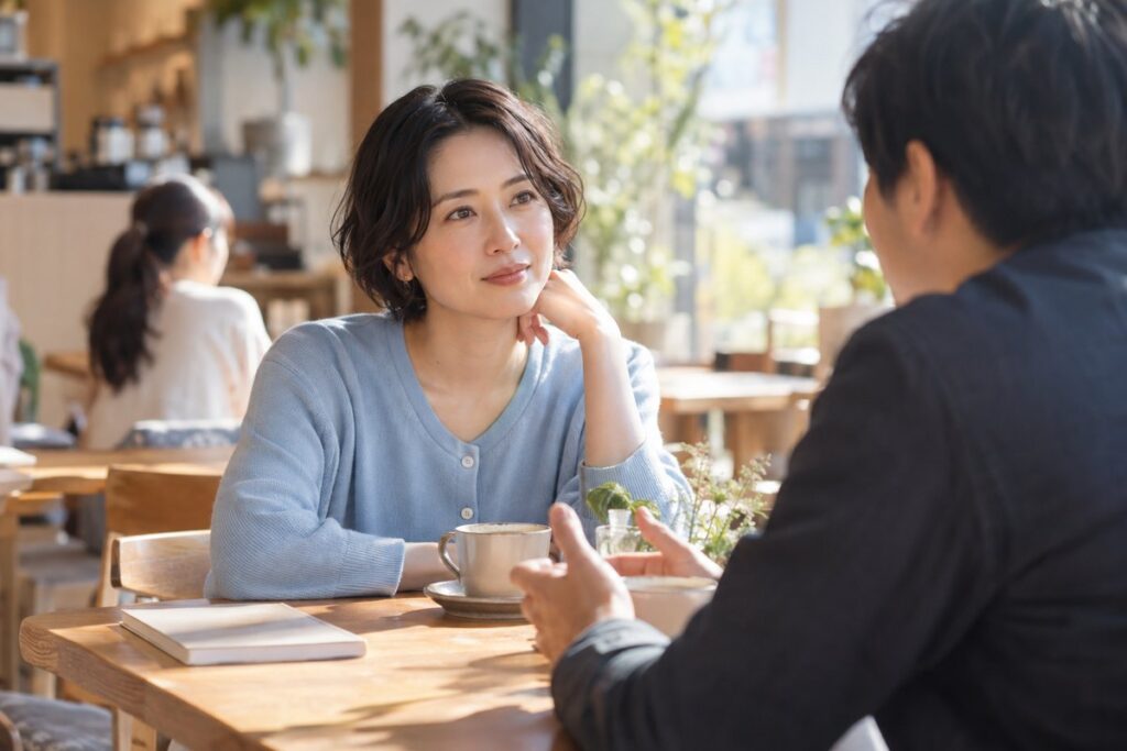 カフェで男性と恋愛の話をする女性