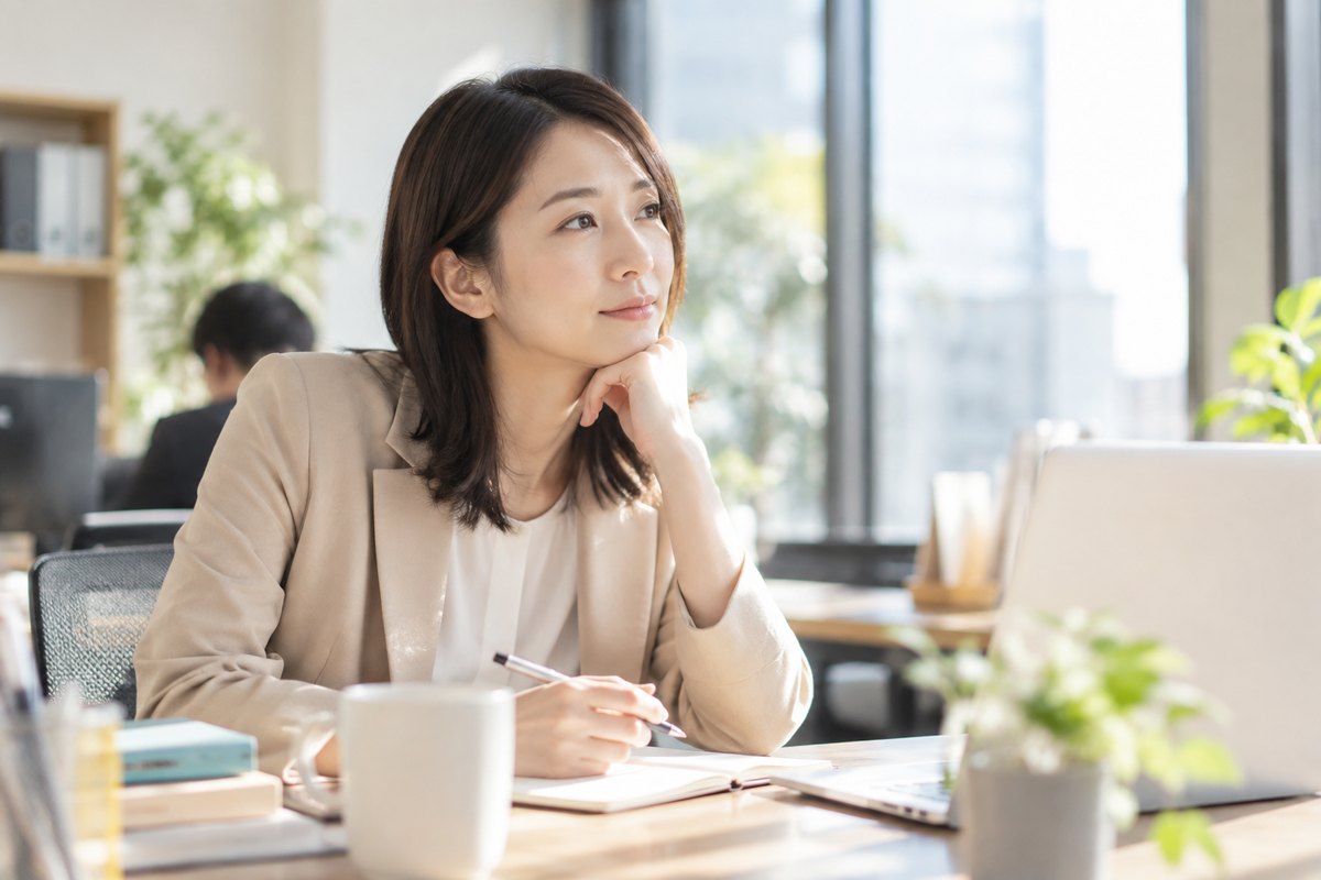 机で職場の会話を振り返る女性