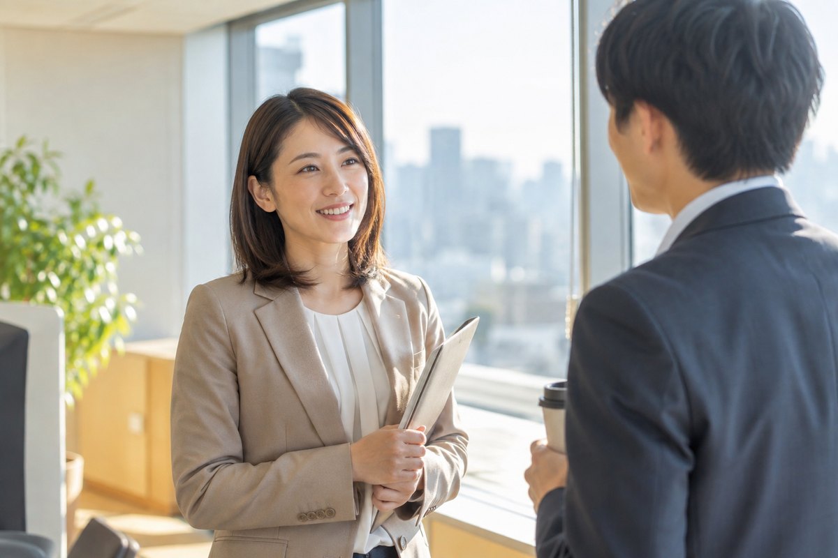 男性の同僚へ短く声をかける女性
