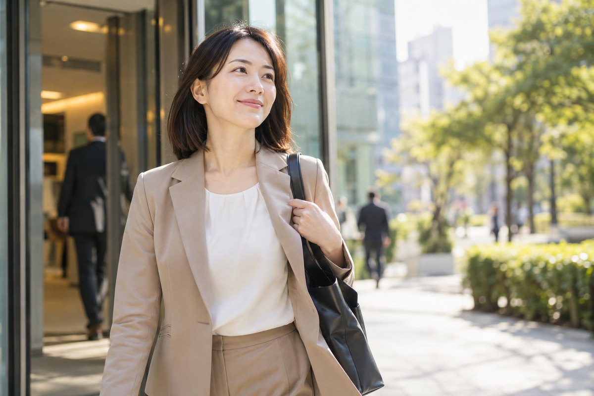 落ち着いた表情で職場を出る女性