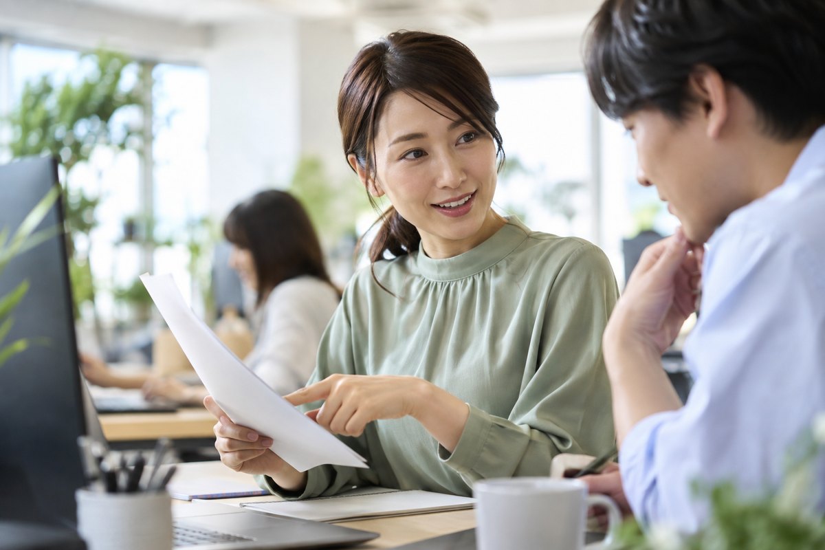 修正した仕事の内容を同僚へ説明する女性