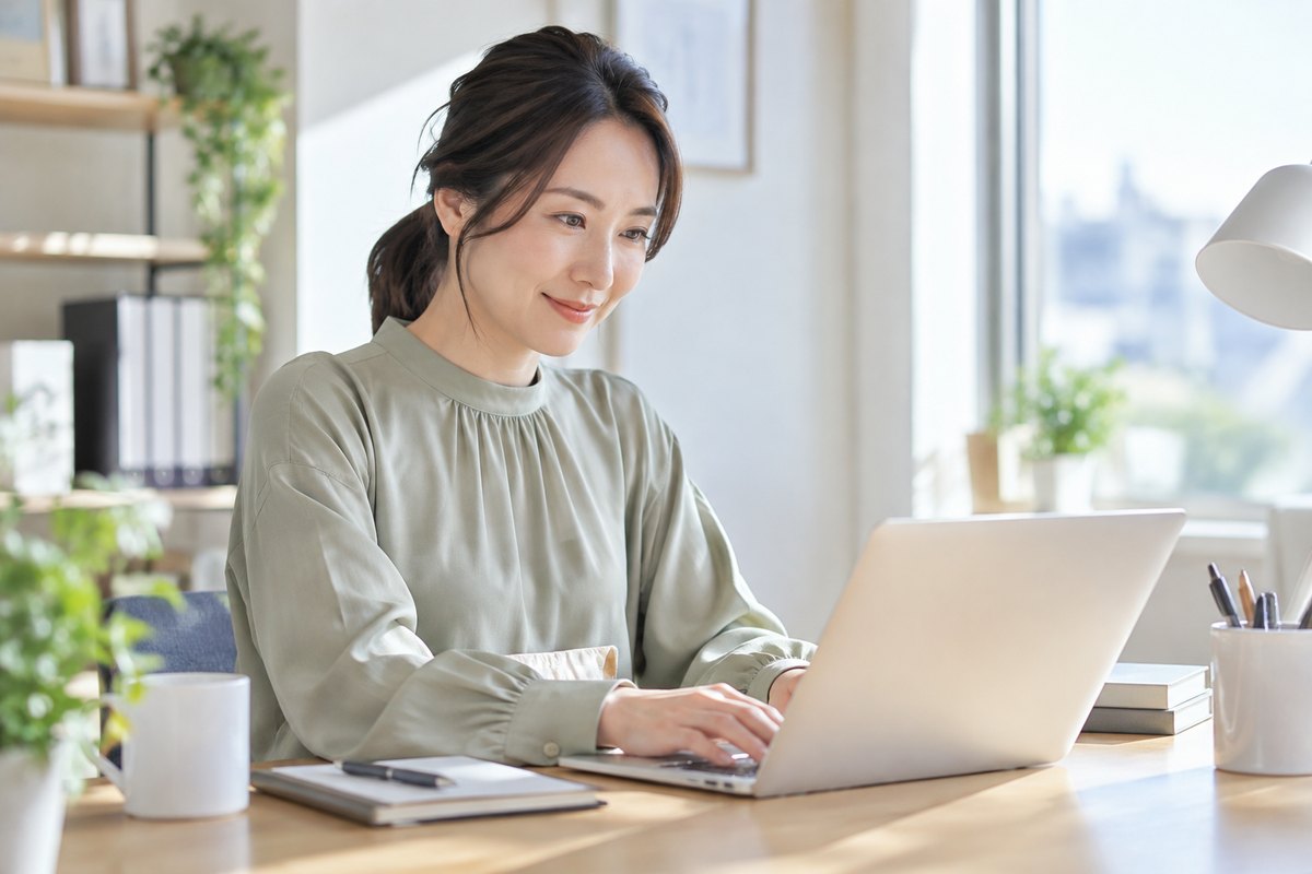 落ち着いてパソコン作業を進める女性