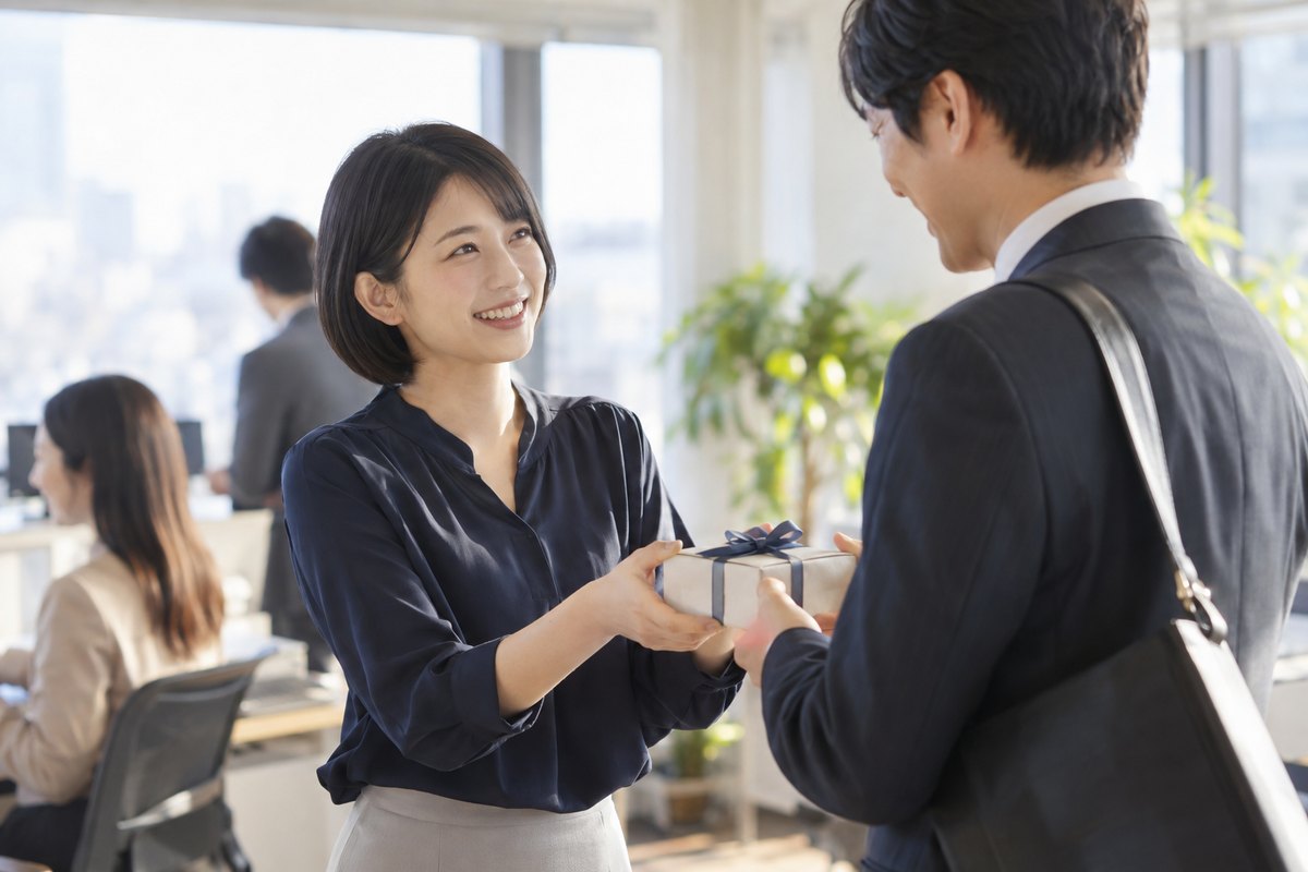 退職する男性へ小さな品を渡す女性