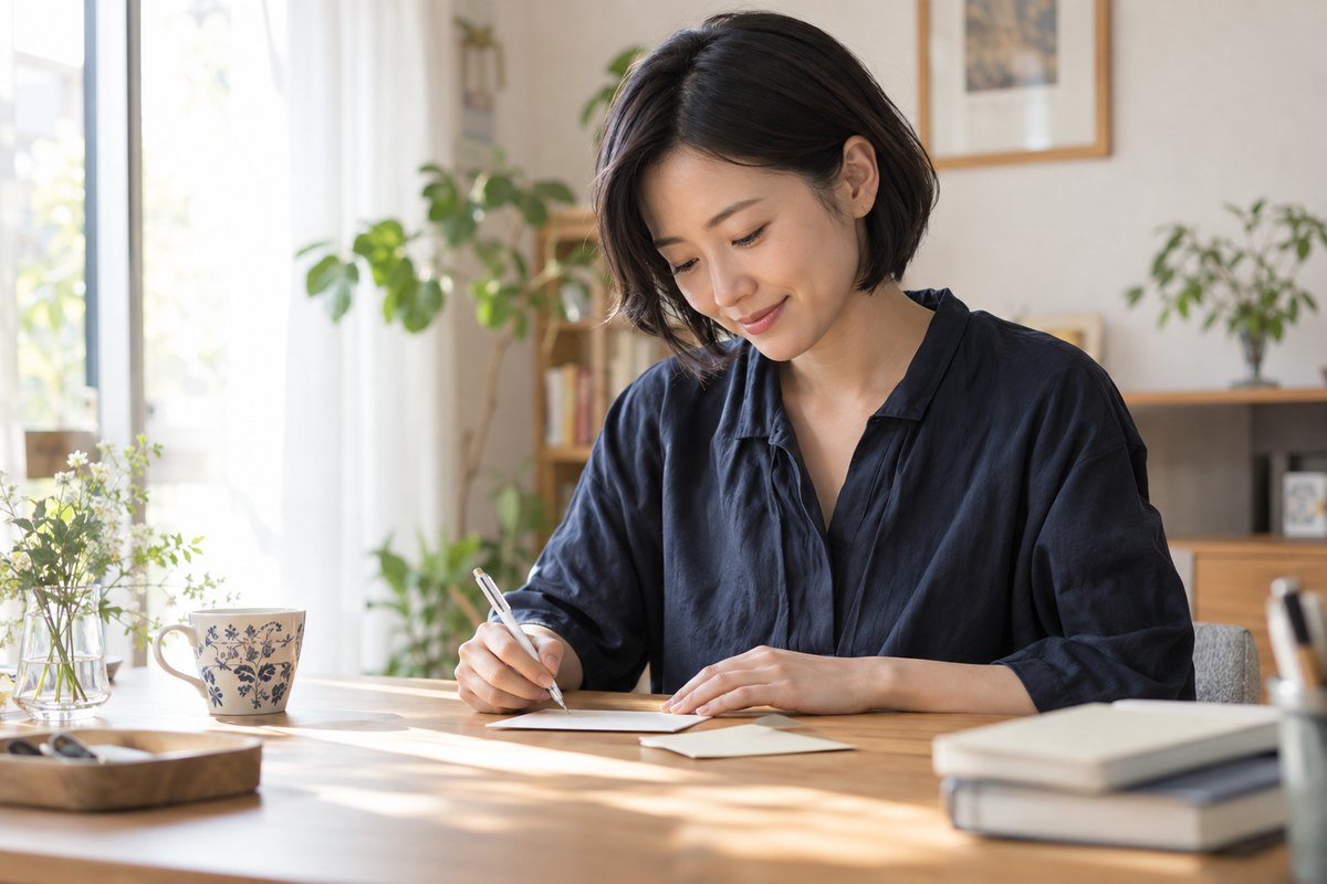 感謝のカードを机で書く女性