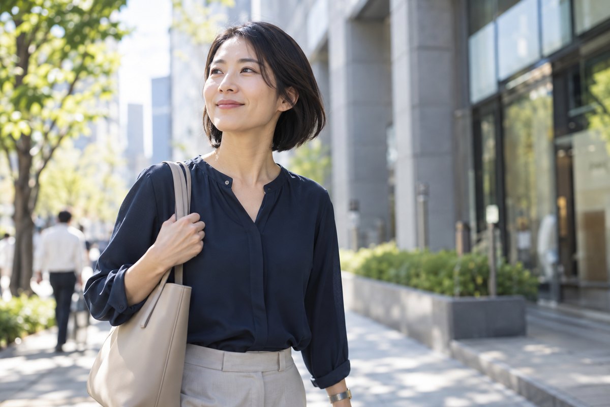 職場を出て穏やかに歩く女性