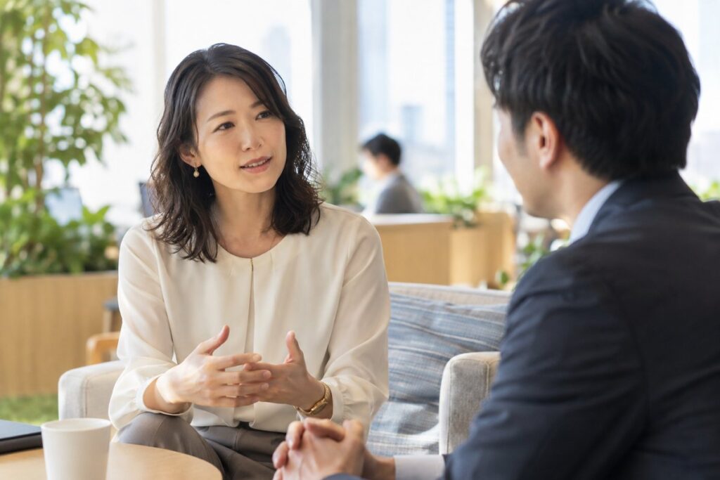 職場で男性の同僚と落ち着いて話す女性