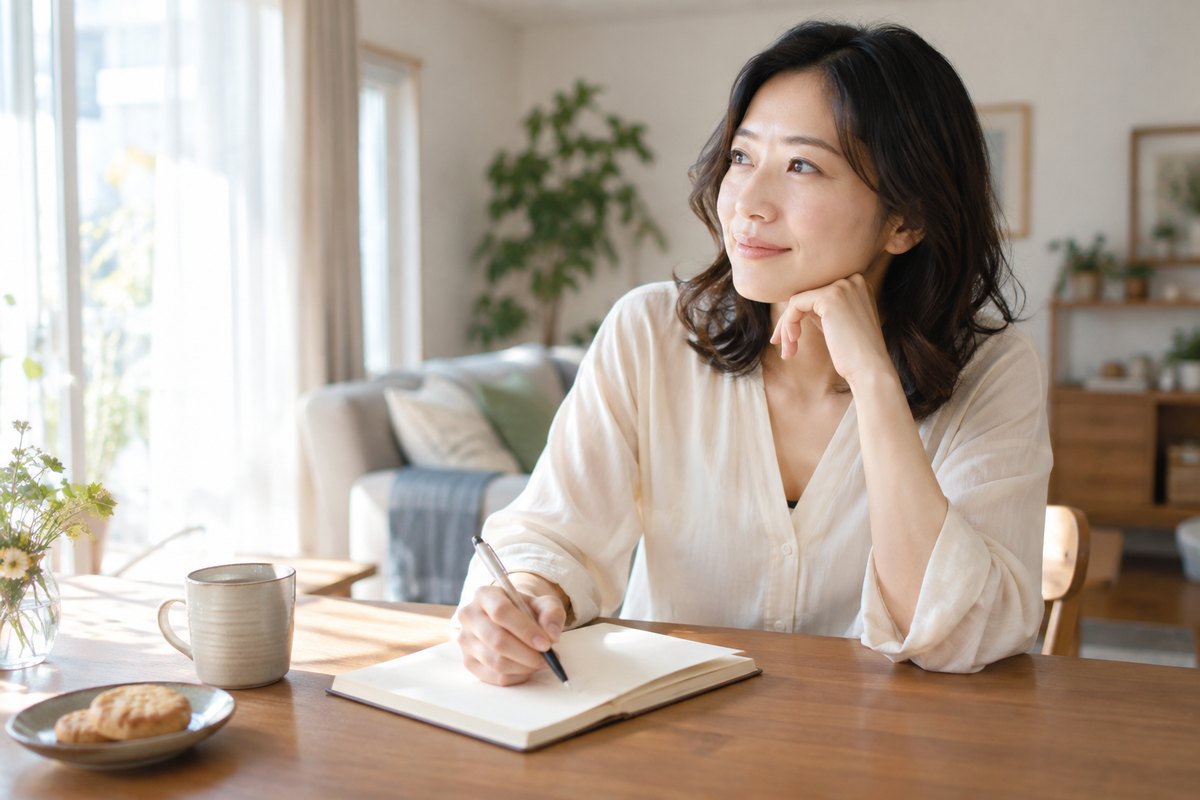 机で自分の希望をノートに整理する女性