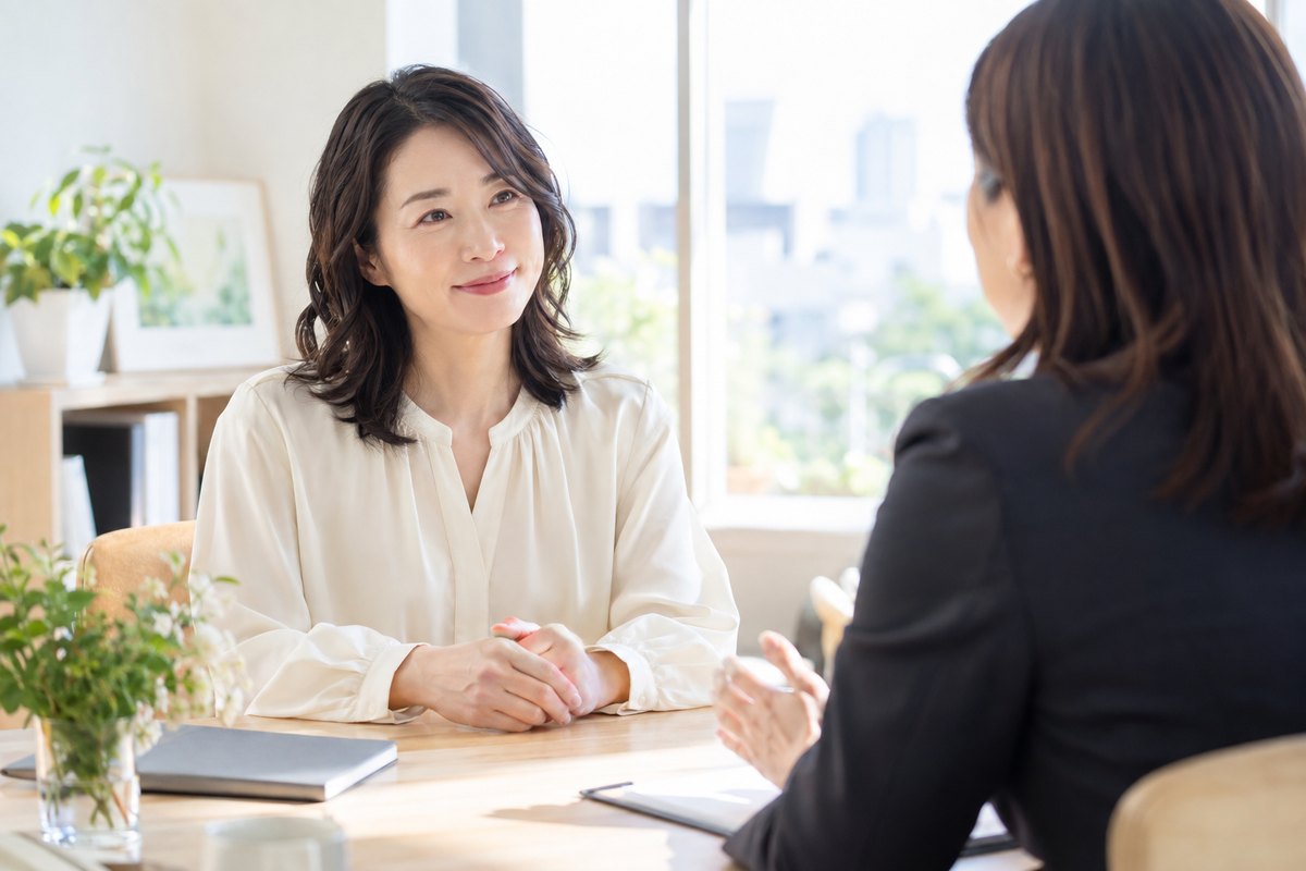 相談相手へ職場の状況を話す女性