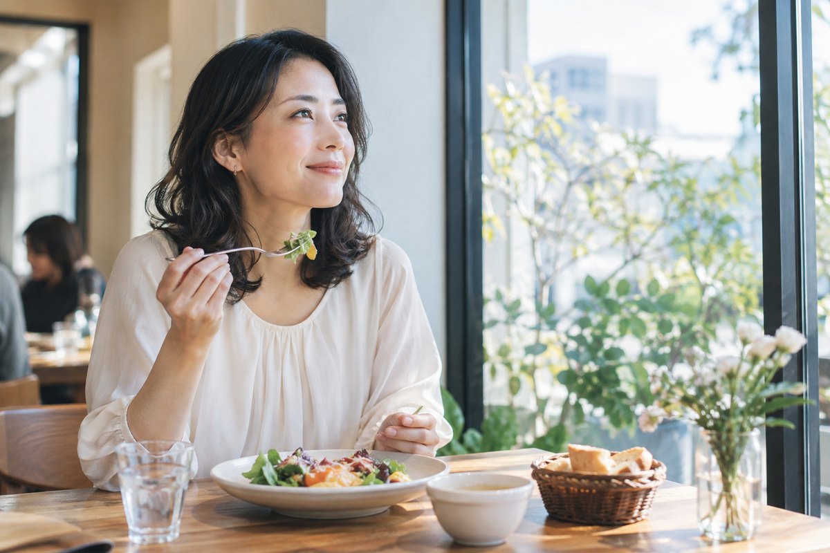 昼の食事で自分の時間を過ごす女性