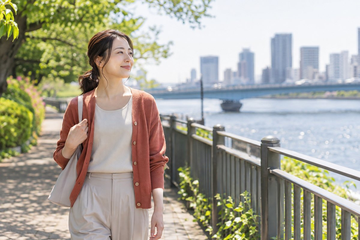川沿いで自分の時間を過ごす女性