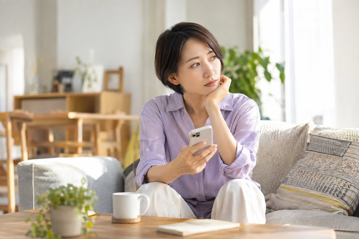 自宅で喧嘩の後のLINEを考える女性