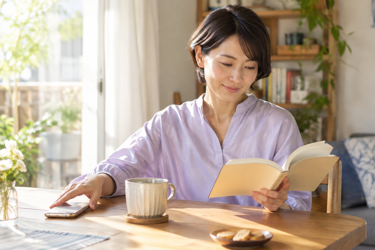 スマホを置いて読書する女性