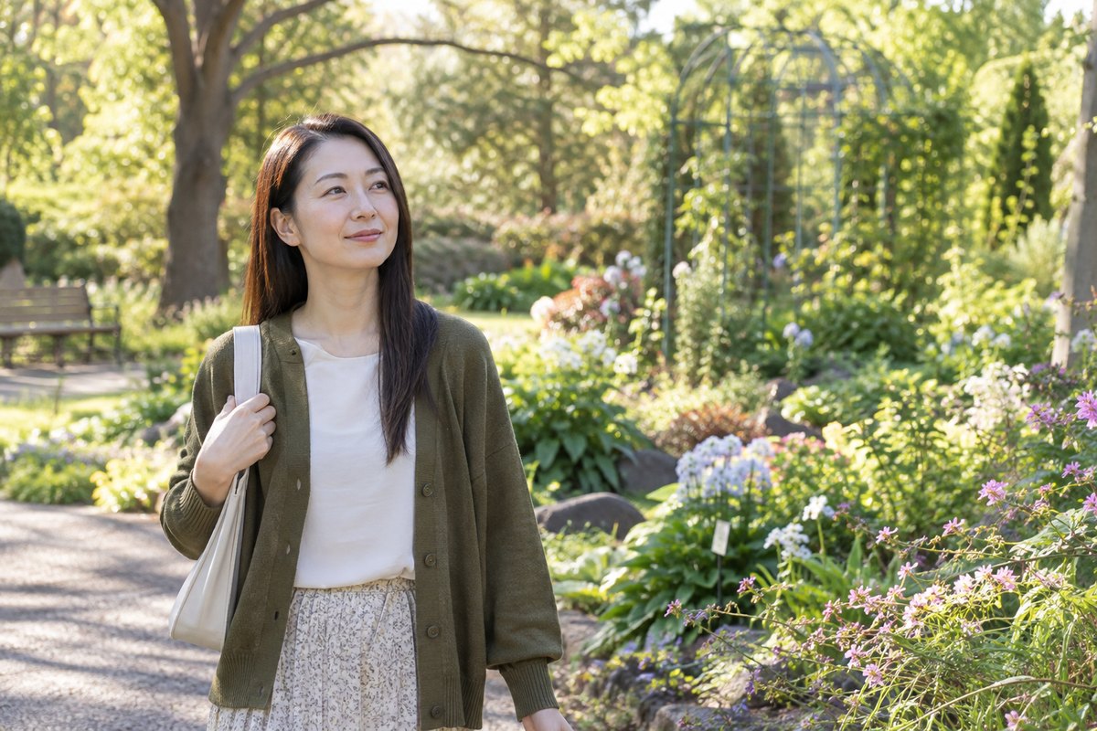 植物園で落ち着いて歩く女性
