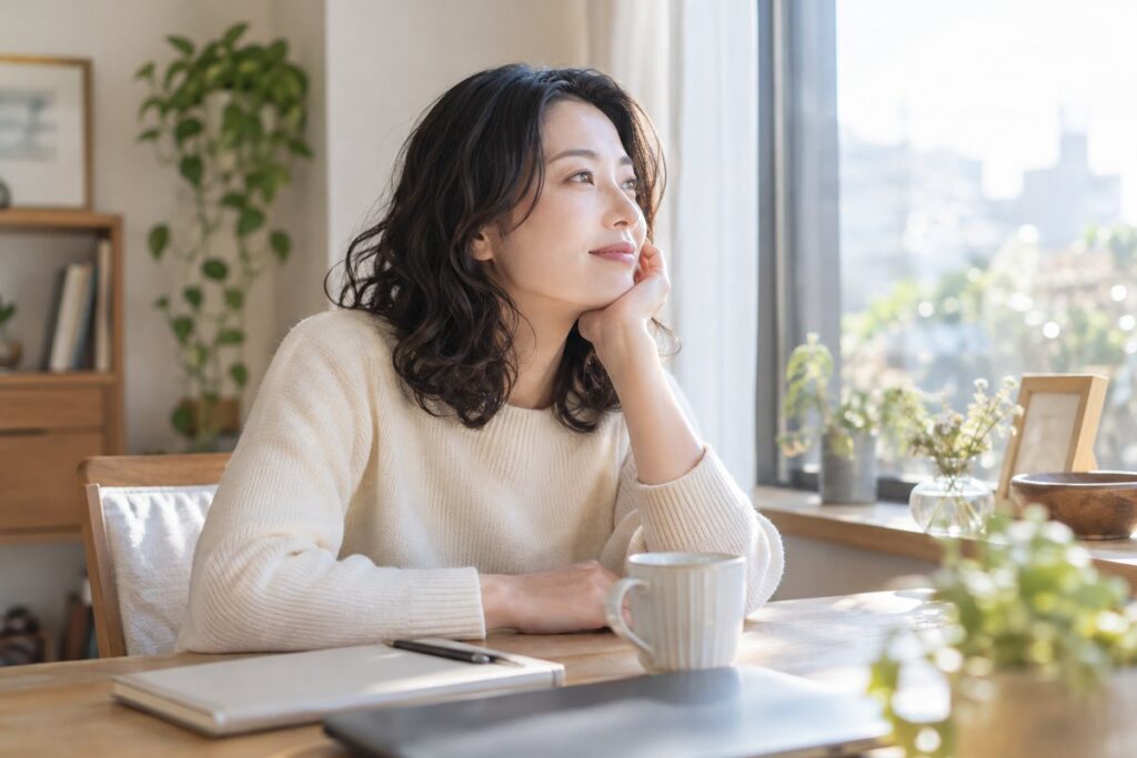窓辺で距離を置くことを考える女性