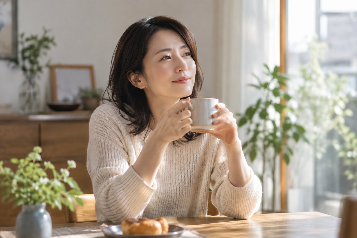 忘年会の翌朝に考えを整理する女性