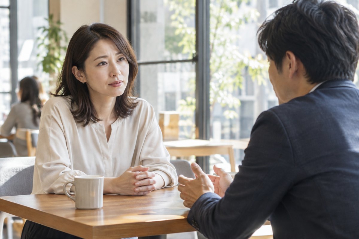 昼間のカフェで男性へ確認する女性