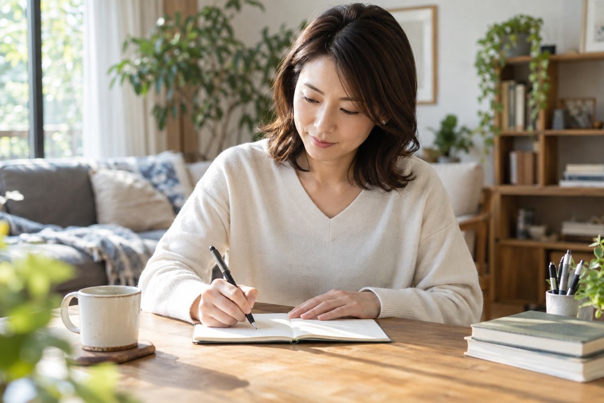 聞いた言葉と行動をノートへ書く女性
