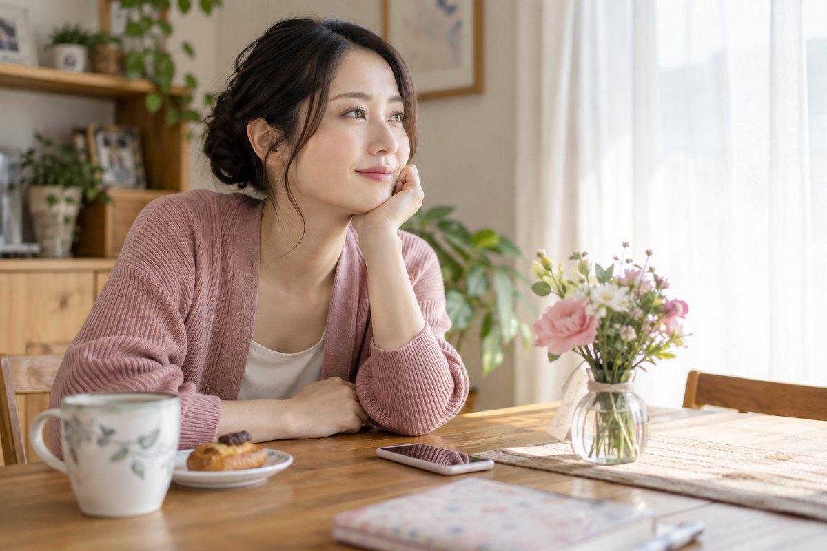花とスマホのそばで誕生日を振り返る女性
