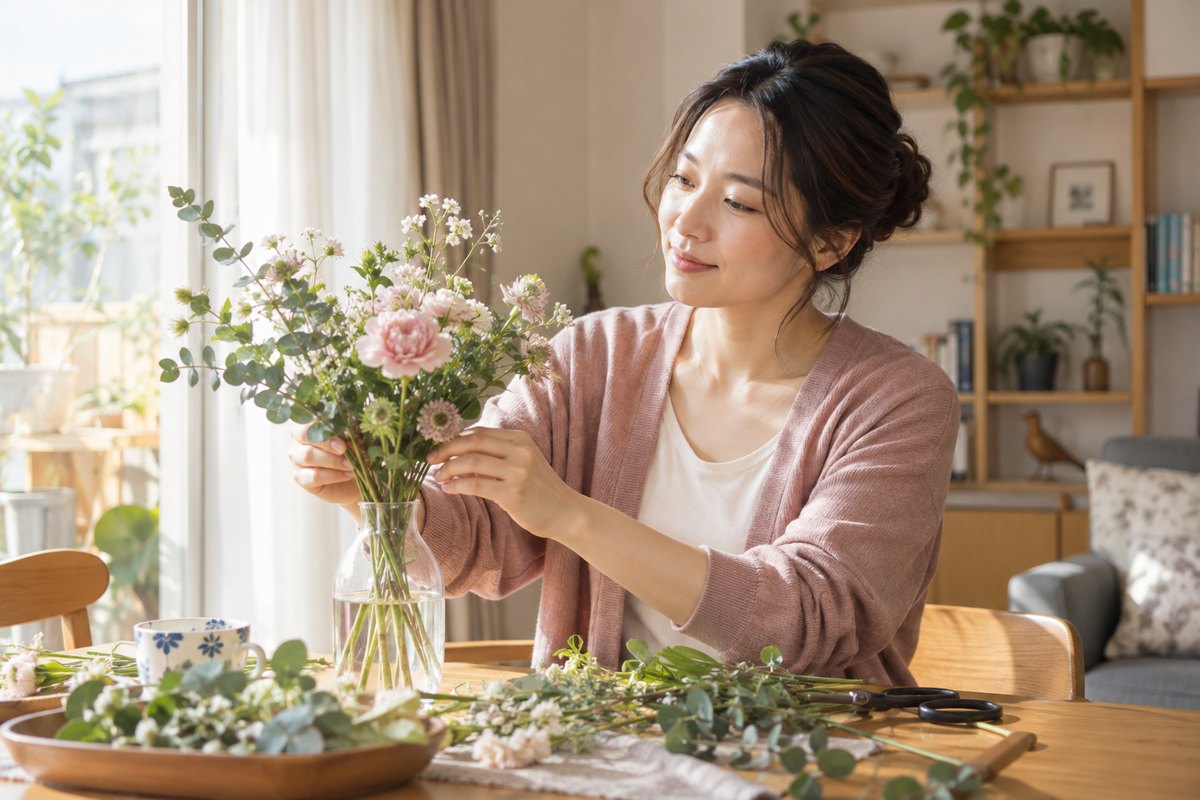 自分の誕生日の花を飾る女性