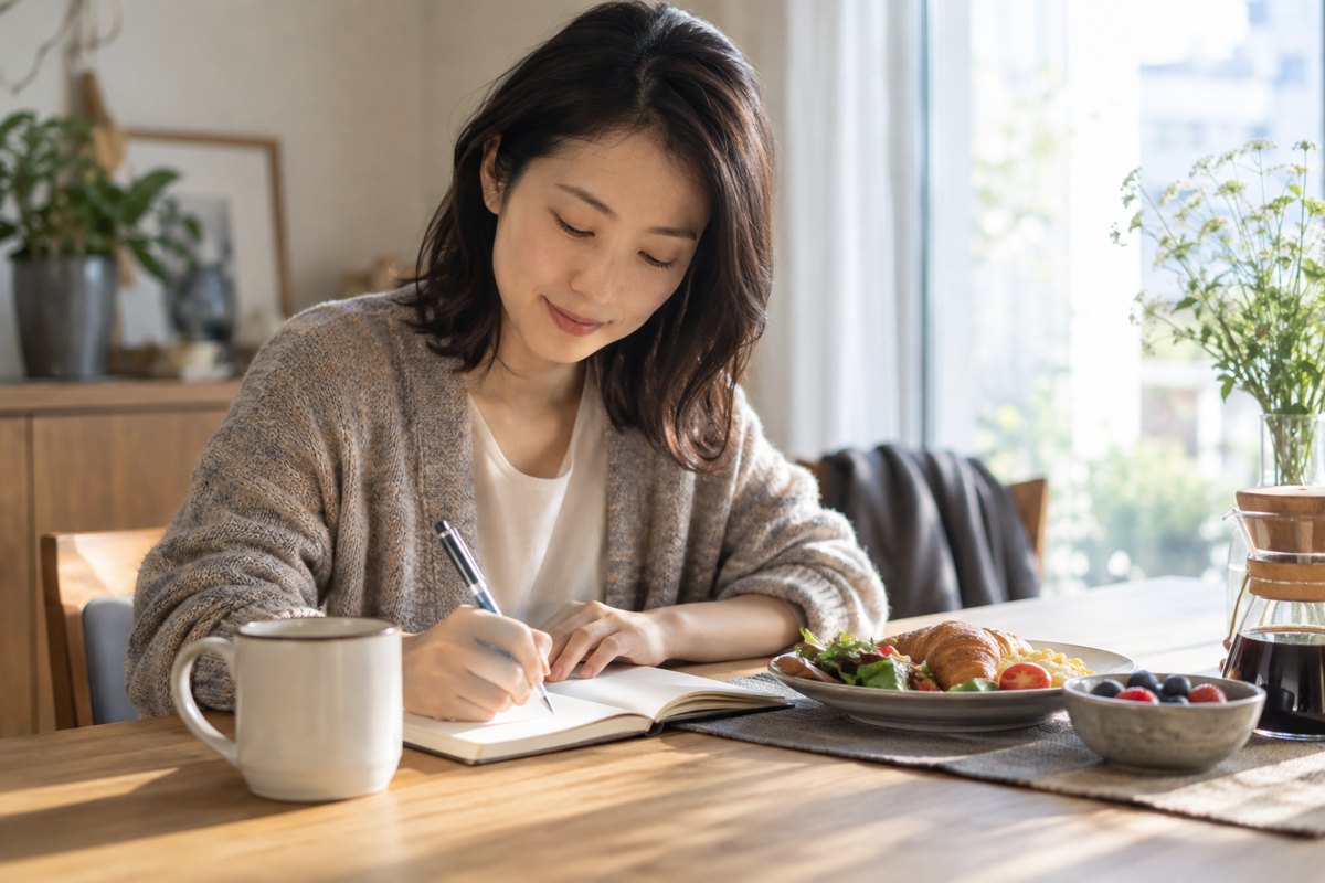 翌朝に出来事をノートへ書く女性