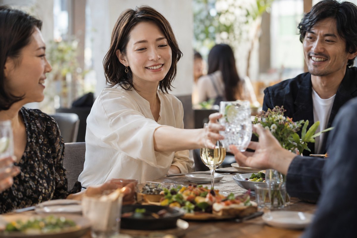 集まりで飲み物を選ぶ女性