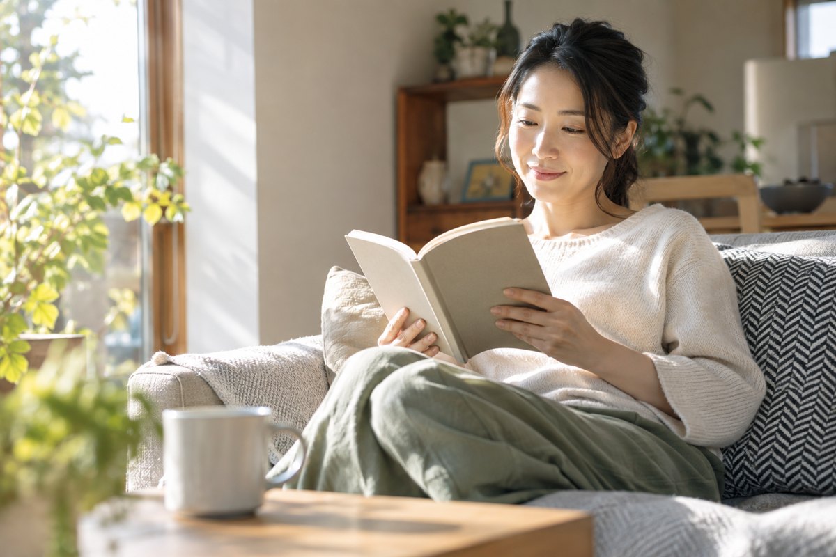 日常へ戻って読書する女性