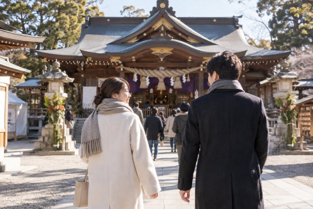 明るい時間の初詣で並んで歩く男女
