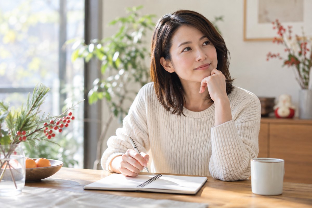 初詣の誘いについて考える女性