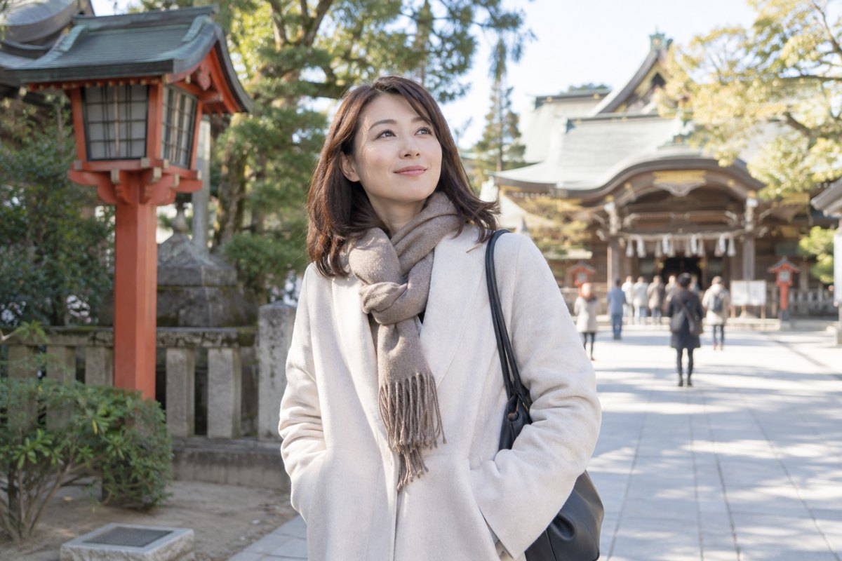 明るい時間の神社で過ごす女性