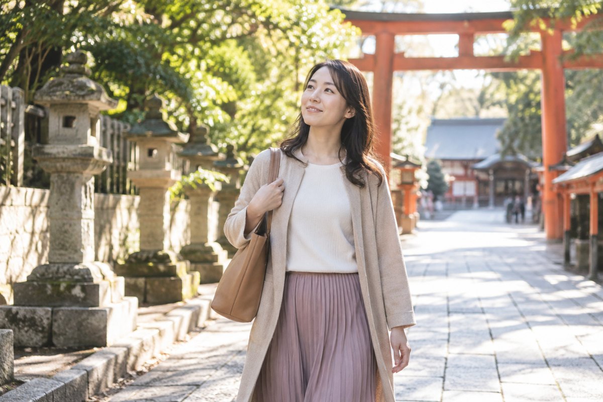 神社の参道を歩く女性