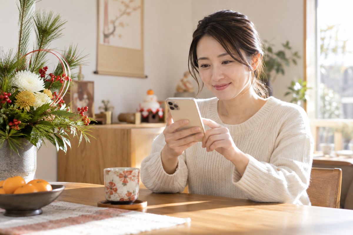 年始の連絡を確認する女性