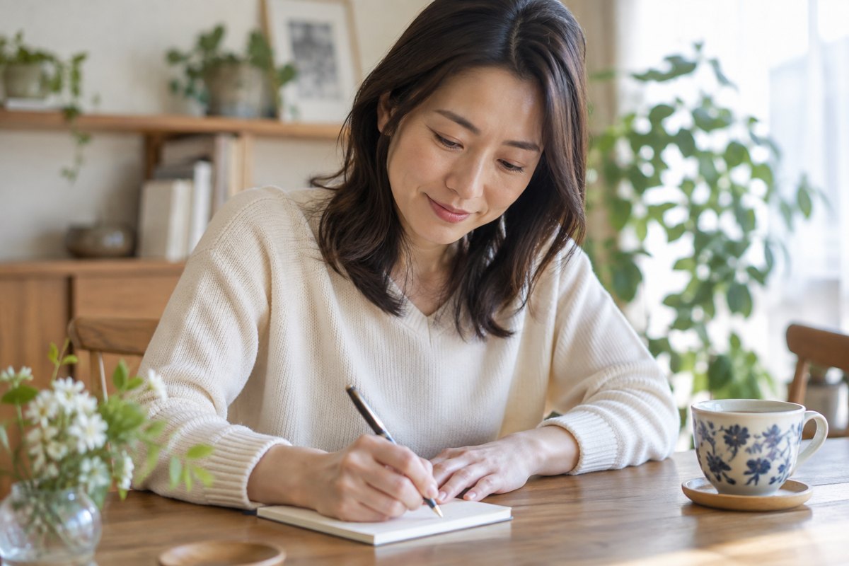 短い返事を考えながらノートを書く女性