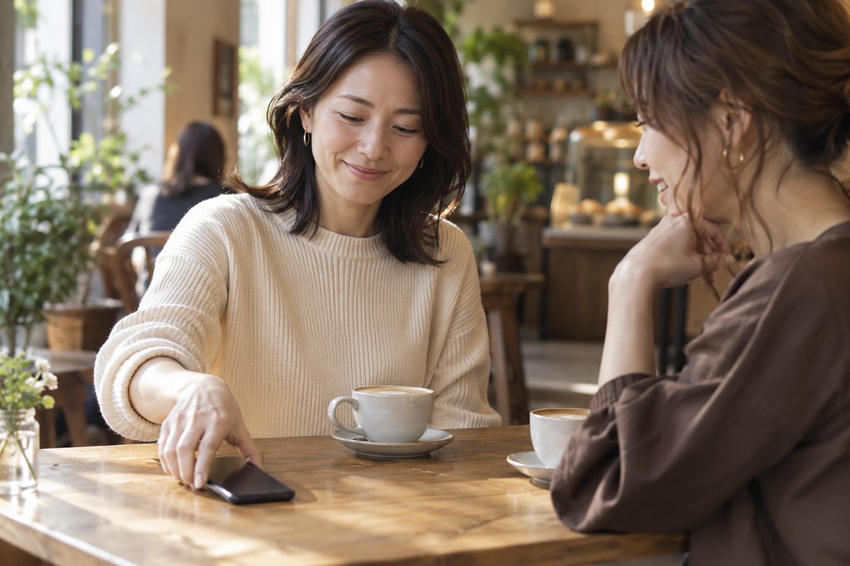 スマートフォンを置いて友人と話す女性