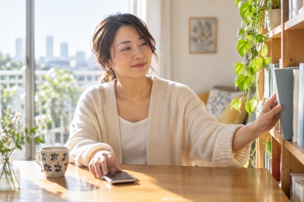スマートフォンを置き自分の時間を過ごす女性