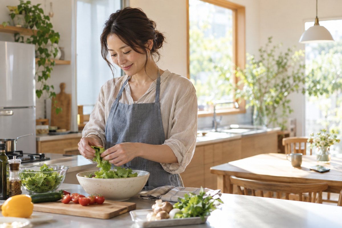 自分の食事を用意する女性