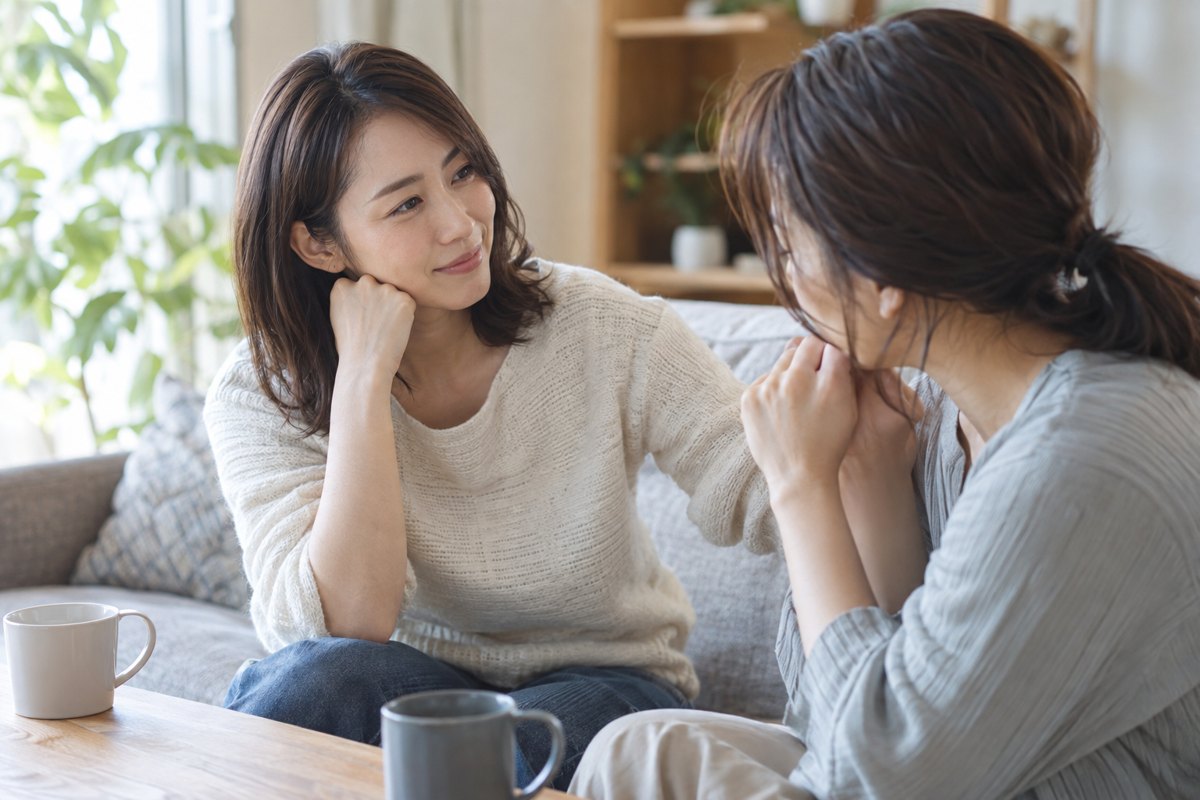 落ち着いて相談相手へ話す女性
